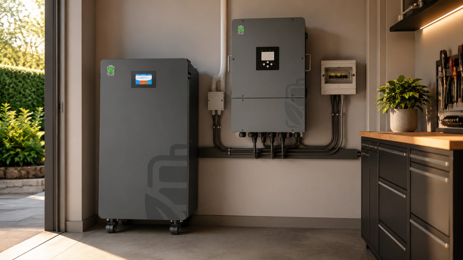 Magazyn energii EcoBSS Store i falownik hybrydowy EcoBSS Flex zamontowane w pomieszczeniu technicznym z rozdzielnicą i okablowaniem